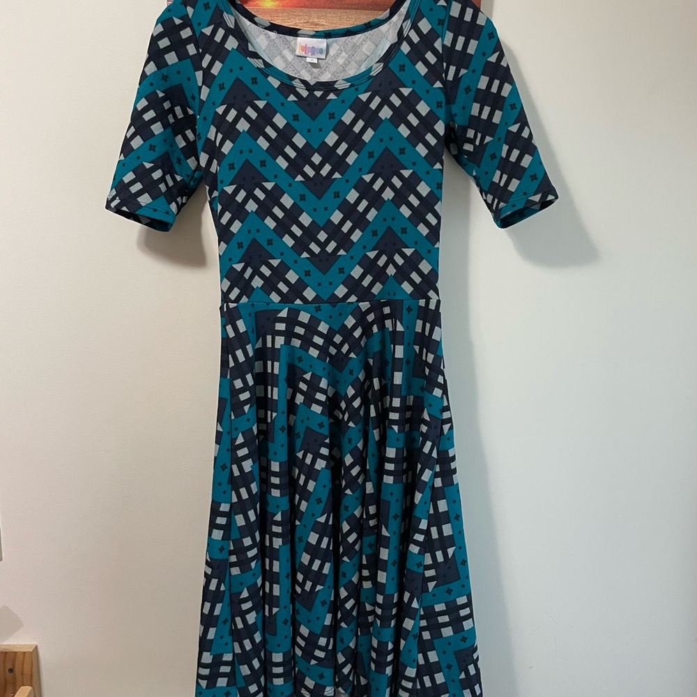LuLaRoe Blue and Black Fit and Flare Midi Dress Nicole - Picture 3 of 6